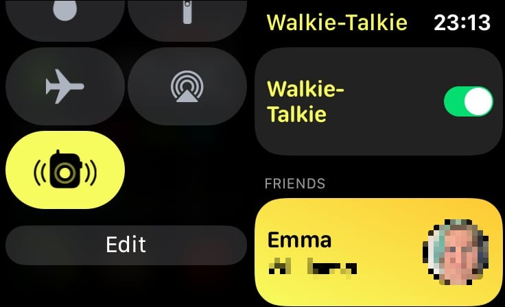 El interruptor de encendido y apagado y el botón del Centro de control para habilitar y deshabilitar Walkie-Talkie en el Apple Watch