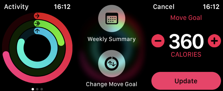 LR: Abra Actividad en Apple Watch, presione los anillos, elija Cambiar objetivo de movimiento.