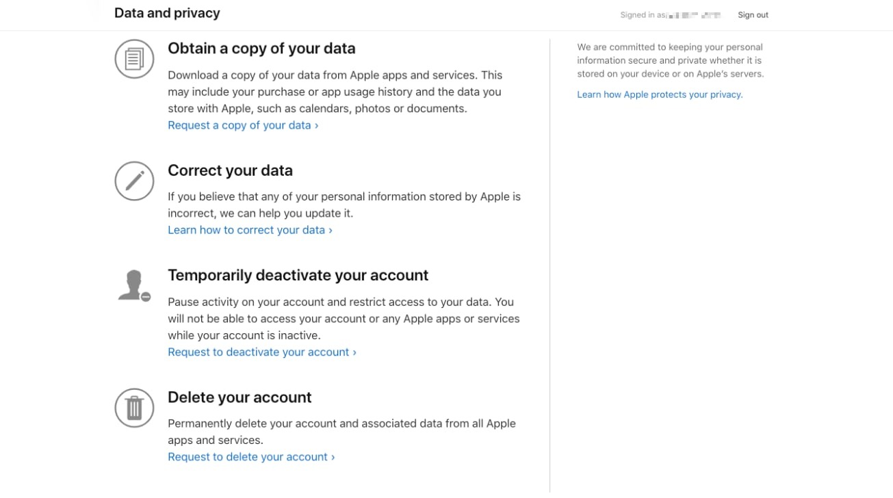 Esta página ofrece eliminar su cuenta, entre otros elementos relacionados con los datos.